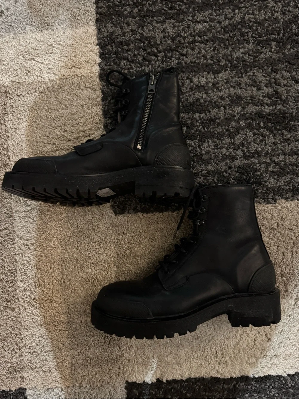 AllSaints Black Leather Lug-Soled Lace-Up Boots